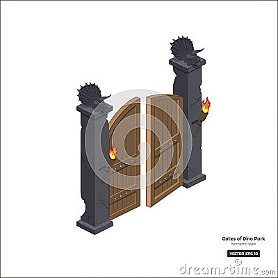 Dinosaurs gate in isometric style. Jurassic world buildind. Dino park landmark. Mobile game object Vector Illustration