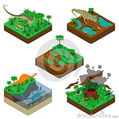 Dinosaurs Isometric Compositions Vector Illustration