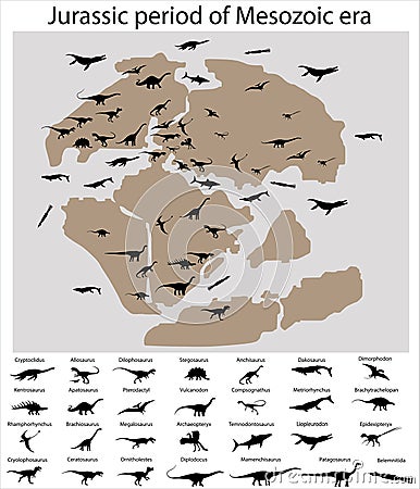 Dinosaurs of jurassic period on map Vector Illustration