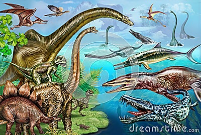 Dinosaurs of the Jurassic period of the Mesozoic era Cartoon Illustration