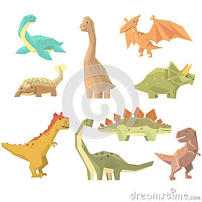 Dinosaurs Of Jurassic Period Set Of Prehistoric Extinct Giant Reptiles Cartoon Realistic Animals. Vector Illustration