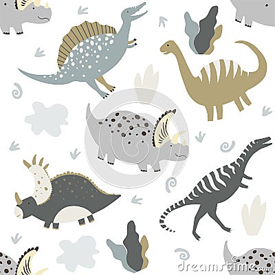 Dinosaurs kids seamless pattern. Cute funny brachiosaur, triceratops, neovenator, styracosaur, spinosaur. Stock Photo