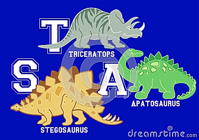 Dinosaurs letters Triceratops, Apatosaurus and Stegosaurus Vector Illustration