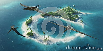 Dinosaurs natural park. Jurassic Period. Dinosaurs flying above paradise tropical island Cartoon Illustration