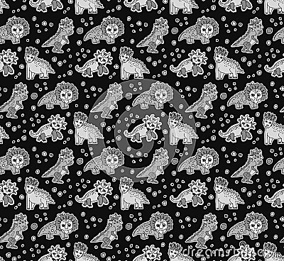 Dinosaurs objects gray scale seamless pattern Vector Illustration