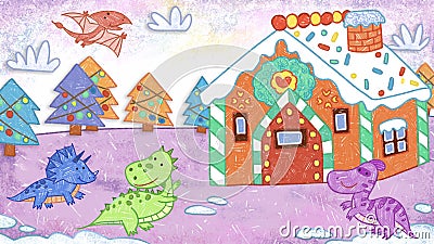 Dinosaurs Outside of a Gingerbread House. Winter Christmas Holiday Season Crayon Drawing and Doodling Hand-drawn Illustration. Stock Photo