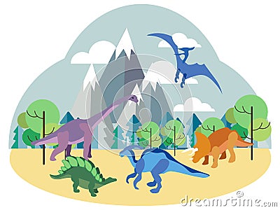 Dinosaurs, prehistoric animals on nature, set. In minimalist style Cartoon flat Vector Vector Illustration