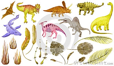 Dinosaurs and plants isolated on white. Tyrannosaurus, Spinosaurus, Pteranodon, Ankylosaurus, Mosasaurus. Watercolor Cartoon Illustration