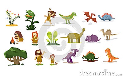 Dinosaurs and Prehistoric Plants, People, Flat Vector Illustration Set Vector Illustration