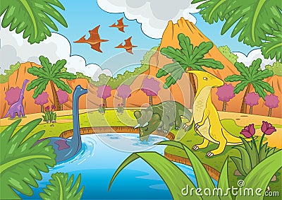 Dinosaurs in prehistoric time. Vector illustration decorative background design Cartoon Illustration