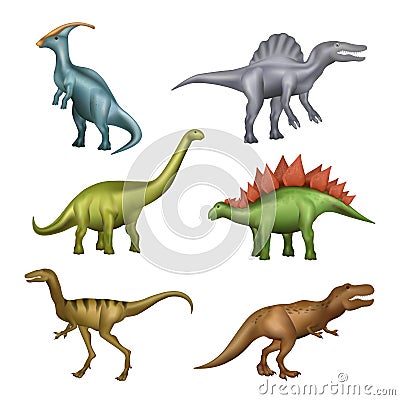 Dinosaurs. Realistic gigantic wild prehistorical aggresive animals fossils lizards with big teeth decentk vector Vector Illustration