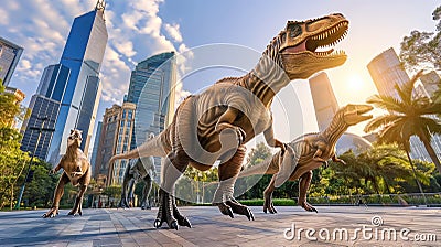 Dinosaurs running through a modern city Stock Photo