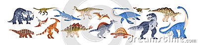 Dinosaurs set. Ancient reptile animals of prehistory Jurassic period. Different species of prehistoric extinct reptilian Vector Illustration