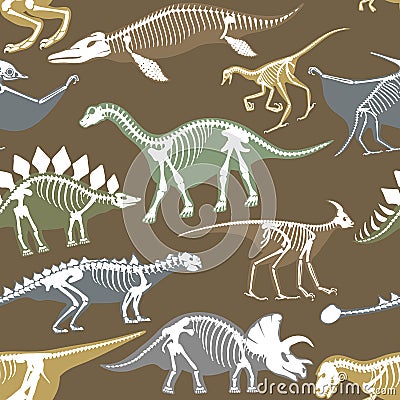 Dinosaurs skeletons silhouettes bone tyrannosaurus prehistoric animal dino bone vector flat illustration seamless Vector Illustration