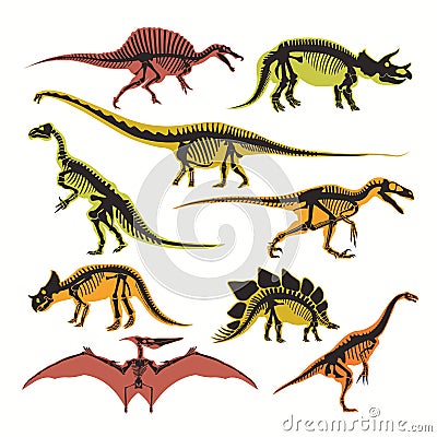 Dinosaurs skeletons and silhouettes vector flat isolated icons of tyrannosaurus, pterodactyl and brontosaurus Vector Illustration