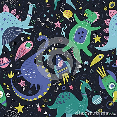 Dinosaurs in space hand drawn color vector seamless pattern Vector Illustration