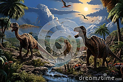 Dinosaurs in the Triassic period age in the green grass land and blue sky background, Habitat of dinosaur, history of world Stock Photo