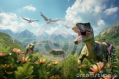 Dinosaurs in the Triassic period age in the green grass land and blue sky background, Habitat of dinosaur, history of world Stock Photo