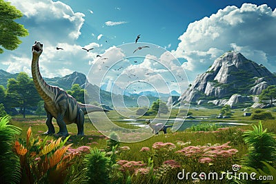 Dinosaurs in the Triassic period age in the green grass land and blue sky background, Habitat of dinosaur, history of world Stock Photo