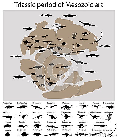 Dinosaurs of triassic period on map Vector Illustration