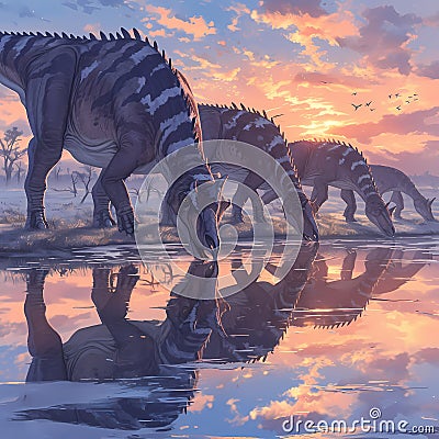 Dinosaurs' Twilight Gathering Stock Photo