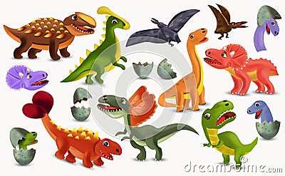 Dinosaurs Tyrannosaurus, Brachiosaurus, Pterodactyl, Triceratops, Stegosaurus cartoon character. Big collection Vector Illustration