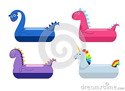 Dinosaurs and unicorn swimming ring. Smiling dinosaur pool objects, funny children lifebuoys isolated on water Vector Illustration