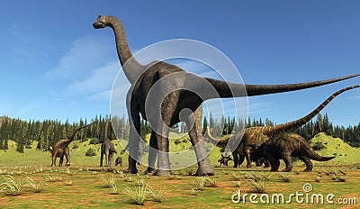 Jurassic valley. Dinosaurs on the valley Cartoon Illustration