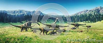 Jurassic valley Dinosaurs on the valley Cartoon Illustration