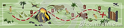 Dinosaurs world map in cartoon style. Landscape with a path image. Adventure in dino park in isometric style. Board maze Vector Illustration