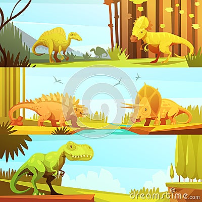 Dinosaurus 3 Horizontal Retro Banners Collection Vector Illustration