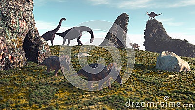 Dinosaurus on field with rocks. Cartoon Illustration