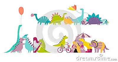 Dinosaurus party doodle hand drawn vector illustration set. Vector Illustration