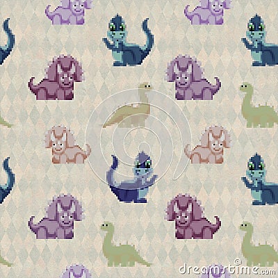 Dinosaurus pixel art cute seamless pattern Stock Photo