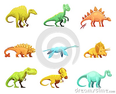 Dinosaurus Retro Cartoon Characters Icons Collection Vector Illustration