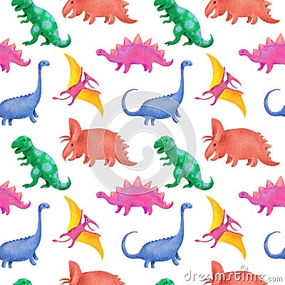 Dinosaurus seamless pattern. Chidish design with lovely prehistoric dino in pastel colors. Watercolor Stock Photo