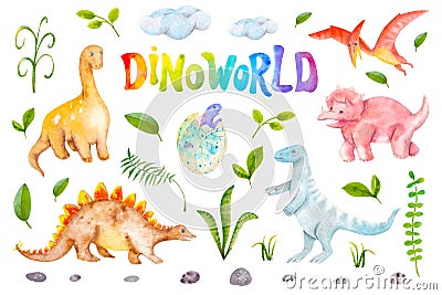 Dinoworld watercolor set isolated on white background. Dinosaurus, rocks, plants. Hand drawn illustration for nursery Cartoon Illustration