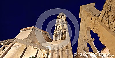 Diocletian's Palace ruins illuminated at dusk in Adriatic Croatian city old Split Stock Photo