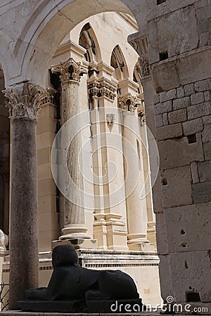 Sfinx and part of bell tower of Diocletian`s Palace in Split Stock Photo