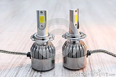 Diod electric light bulbs for repair car lamps. Modern automotive lamps with wires and connecting elements Stock Photo