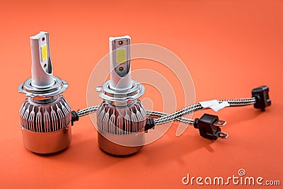 Diod electric light bulbs for repair car lamps. Modern automotive lamps with wires and connecting elements Stock Photo