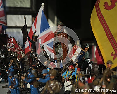 Diorama of Fighting Alliances across Armies of Different Cultures and Historical Times Stock Photo