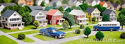 Diorama of Small Homes on a Tree-Lined Street Stock Photo