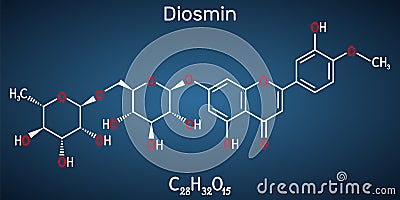 Diosmin, C28H32O15, flavonoid molecule. It is flavone glycoside of diosmetin, semisynthetic drug for the treatment of venous Vector Illustration