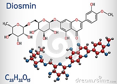 Diosmin, C28H32O15, flavonoid molecule. It is flavone glycoside of diosmetin, semisynthetic drug for treatment of venous disease. Vector Illustration