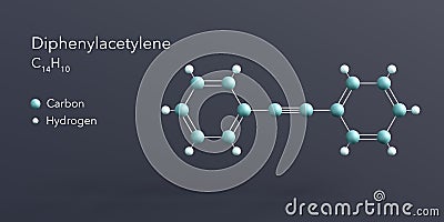 diphenylacetylene molecule 3d rendering, flat molecular structure with chemical formula and atoms color coding Stock Photo