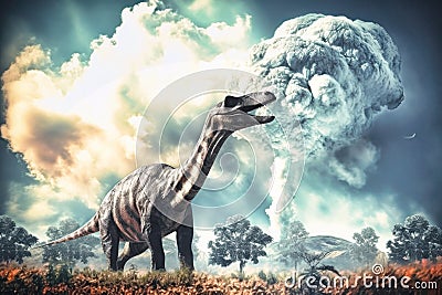 Diplodocus dinosaur on the ancient jungle. Dinosaur. Jurassic period. A huge monster. Global catastrophe. Death of the dinosaurs Stock Photo