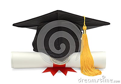 Diploma and Black Grad Hat Stock Photo