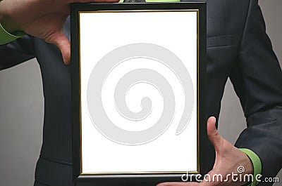 Diploma certificate of best worker or manager mock up. Close up photo. Stock Photo