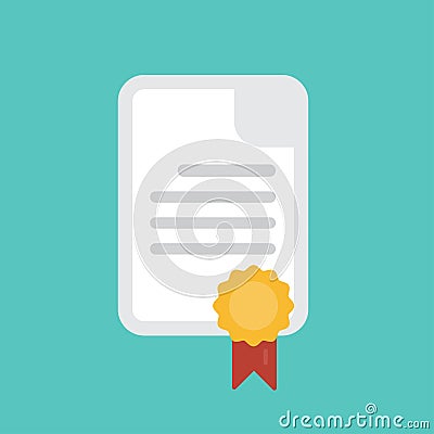 Diploma icon. Certificate, graduation document and medal with ribbon symbol flat style isolated Vector Illustration